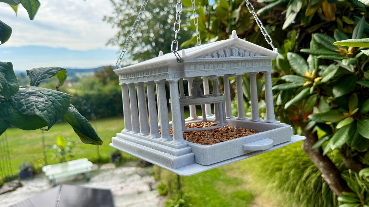 Handgefertigte Parthenon-Vogelfutterstation – außergewöhnliches Vogelfutterhaus im Stil der Akropolis