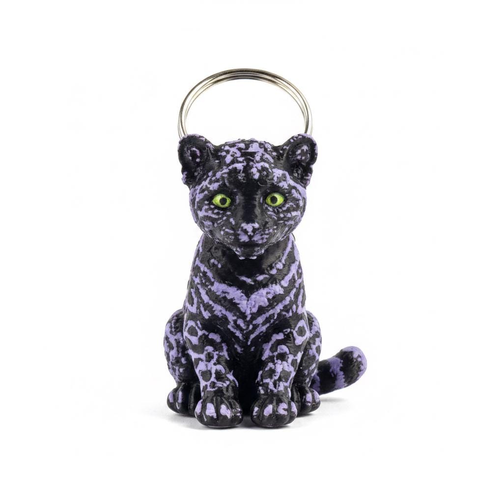 Schlüsselanhänger Leopard lila schwarz, 3D Druck Raubkatze Anhänger, Taschenanhänger Katze, Geschenk für Katzenliebhaber, Leo Print Deko